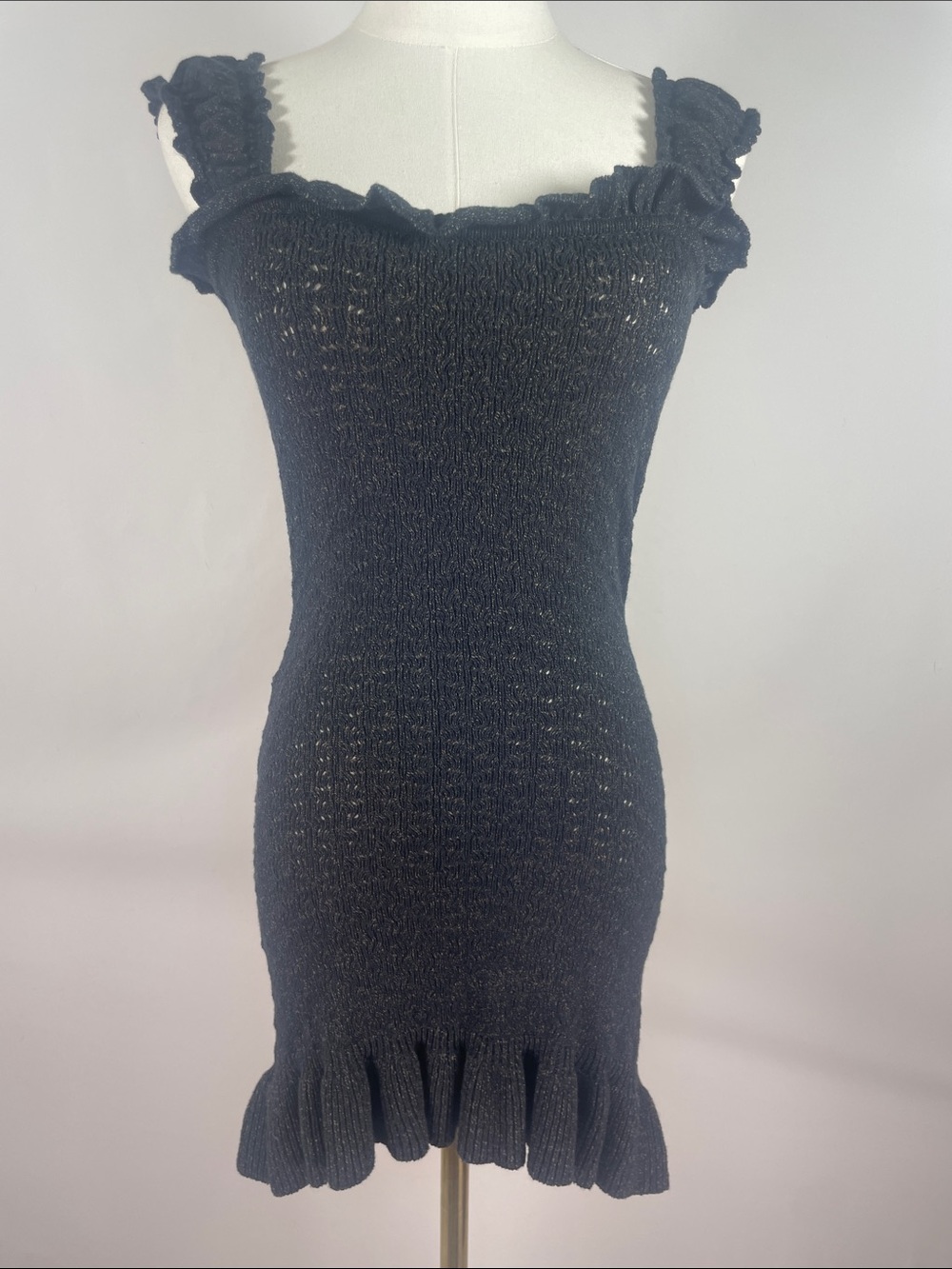 NWT FP Beach Devyn Black Ruffle Sweater Smocked Knit Mini Dress Size XS